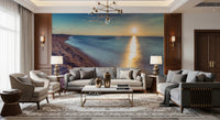 Living room styled with Golden Hour Shores wall mural and sunset sea, GD8751