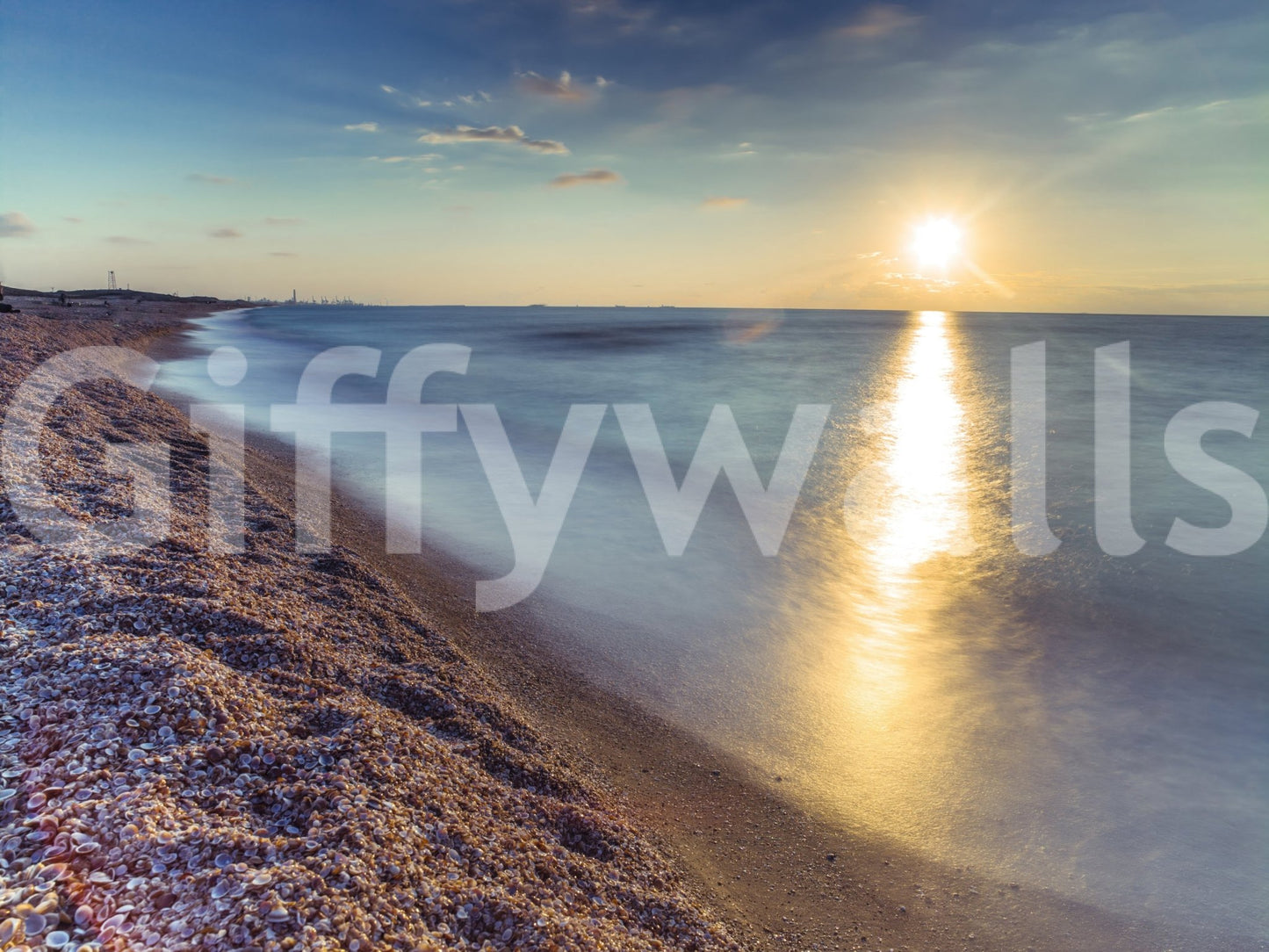 Sunlit water and beach curves define Golden Hour Shores mural, GD8751