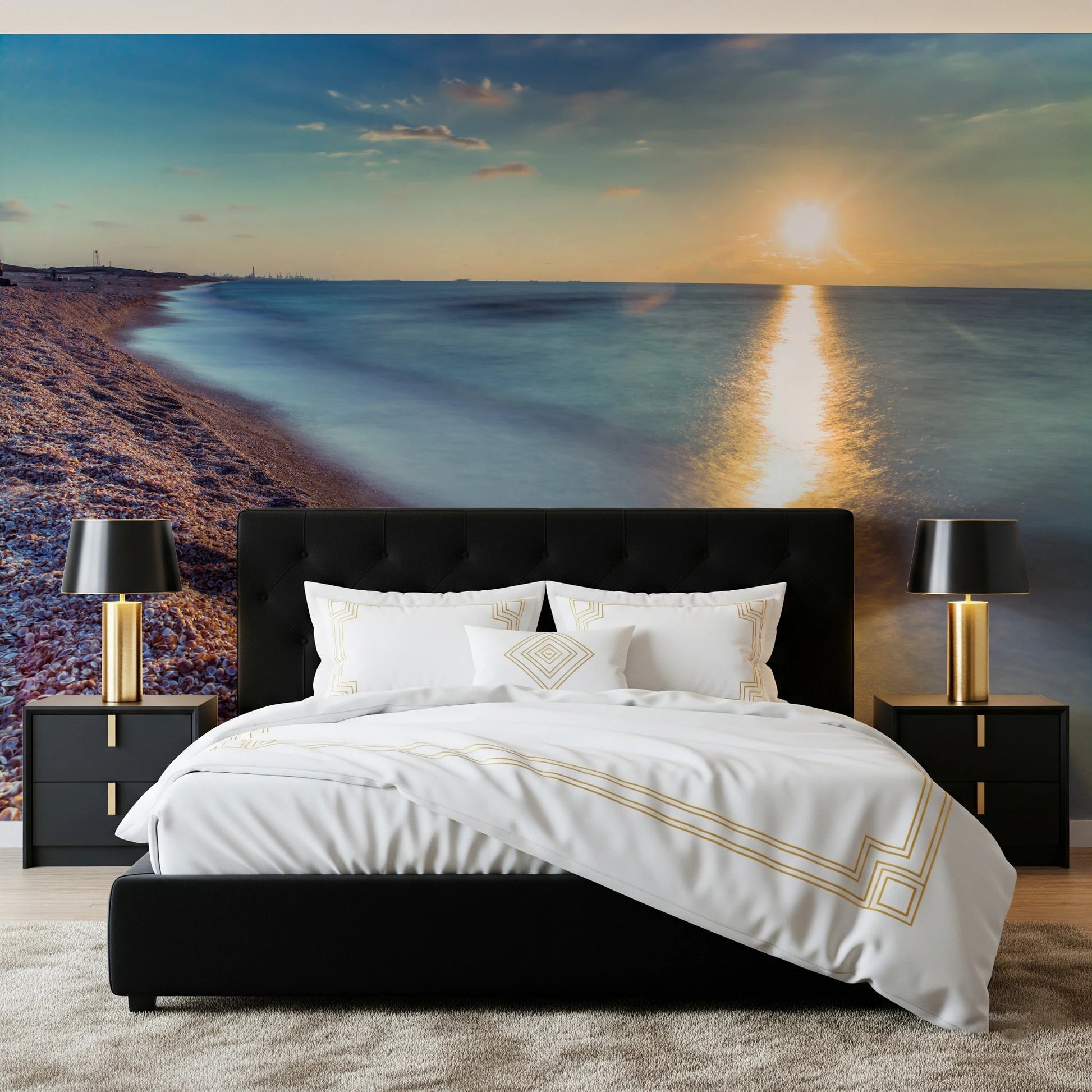 The Golden Hour Shores wall mural shows a bright coastal sunset, GD8751