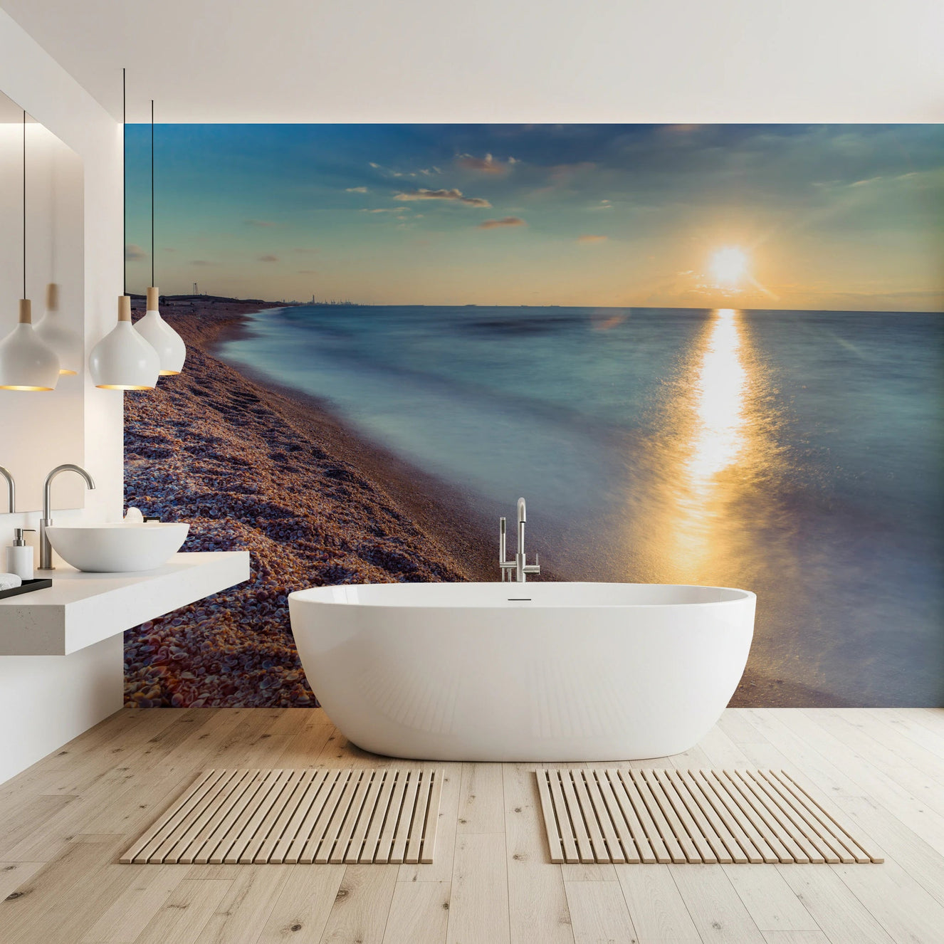 Sun reflection across water in Golden Hour Shores wall mural