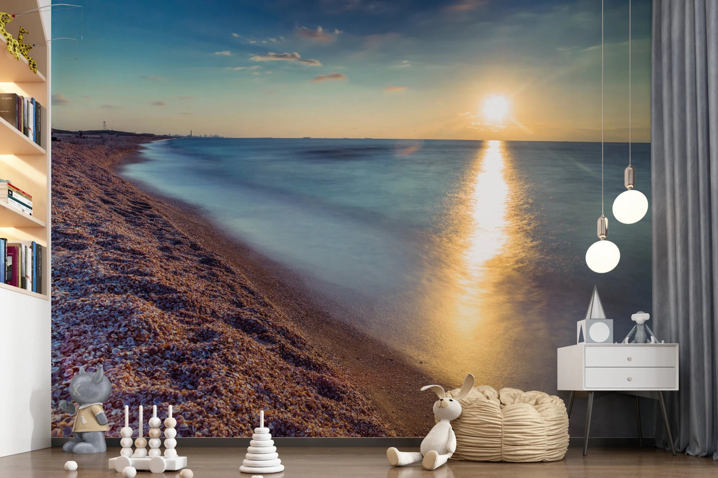 A calm beach scene appears in Golden Hour Shores wall mural, GD8751
