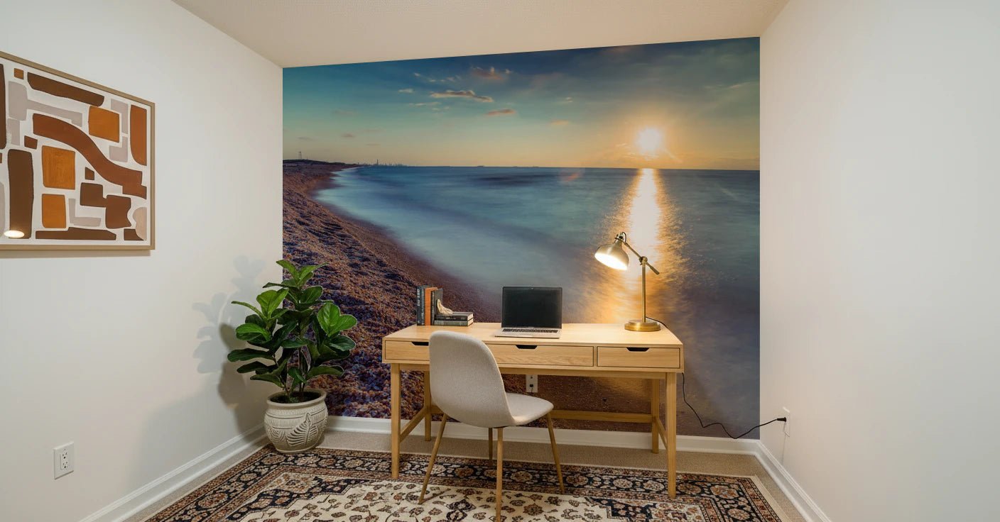 Office backdrop with Golden Hour Shores wall mural in warm light, GD8751