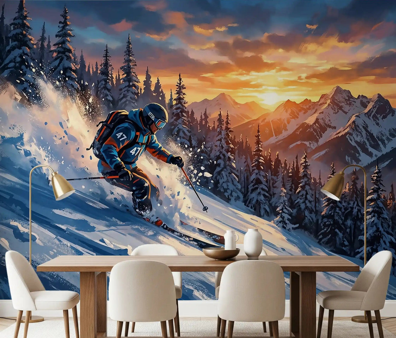 Dining room set against the Golden Hour Ski Rush wall mural with sunset slopes
