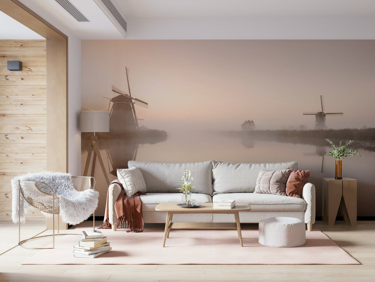 A beautiful golden hour windmill wallpaper mural over a scenic field., GD5874