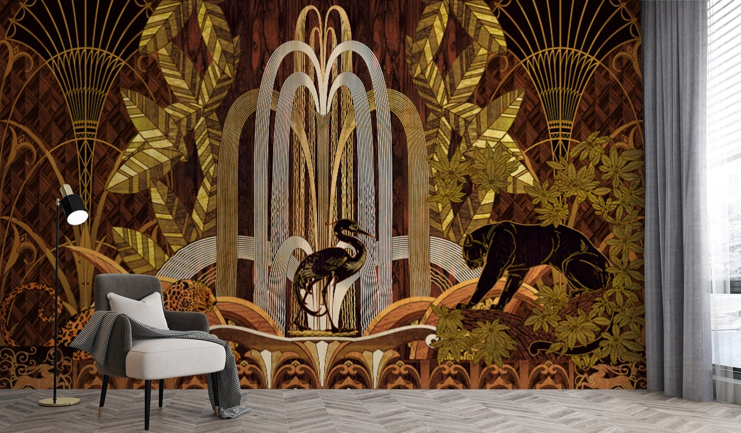 Exotic jungle mural with gold accents
