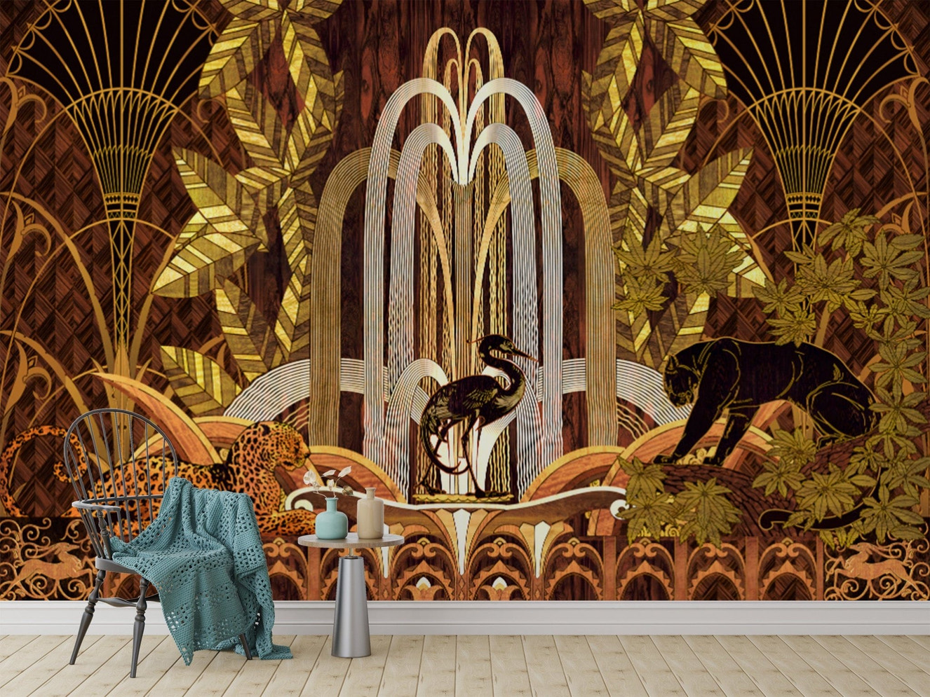 Luxury art deco jungle mural wallpaper
