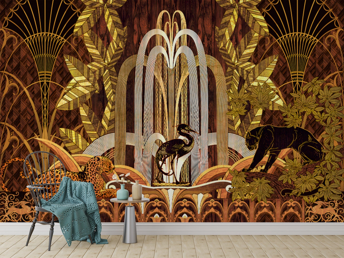 Luxury art deco jungle mural wallpaper
