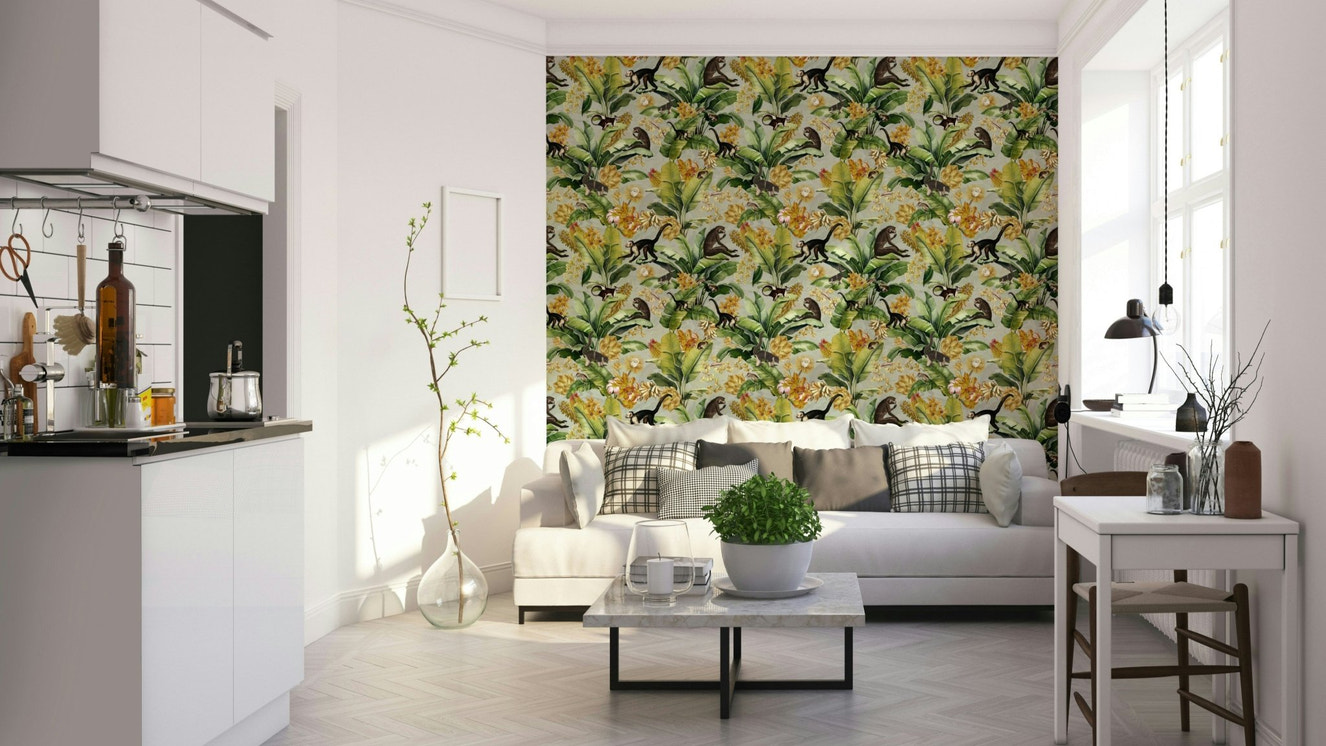 Golden jungle wallpaper with wildlife elements

