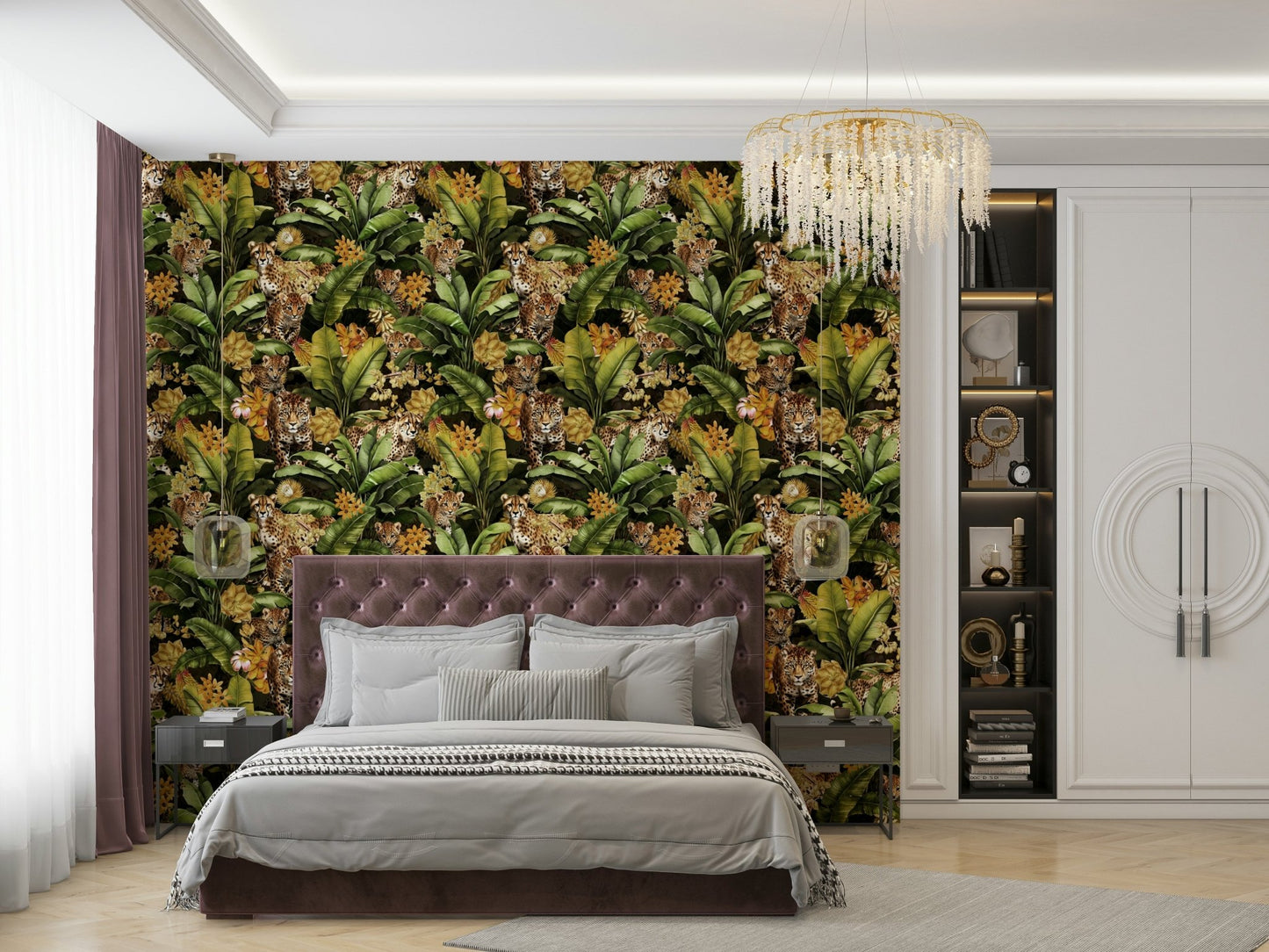 Bold golden jungle foliage wall design for rooms

