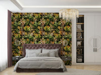 Bold golden jungle foliage wall design for rooms

