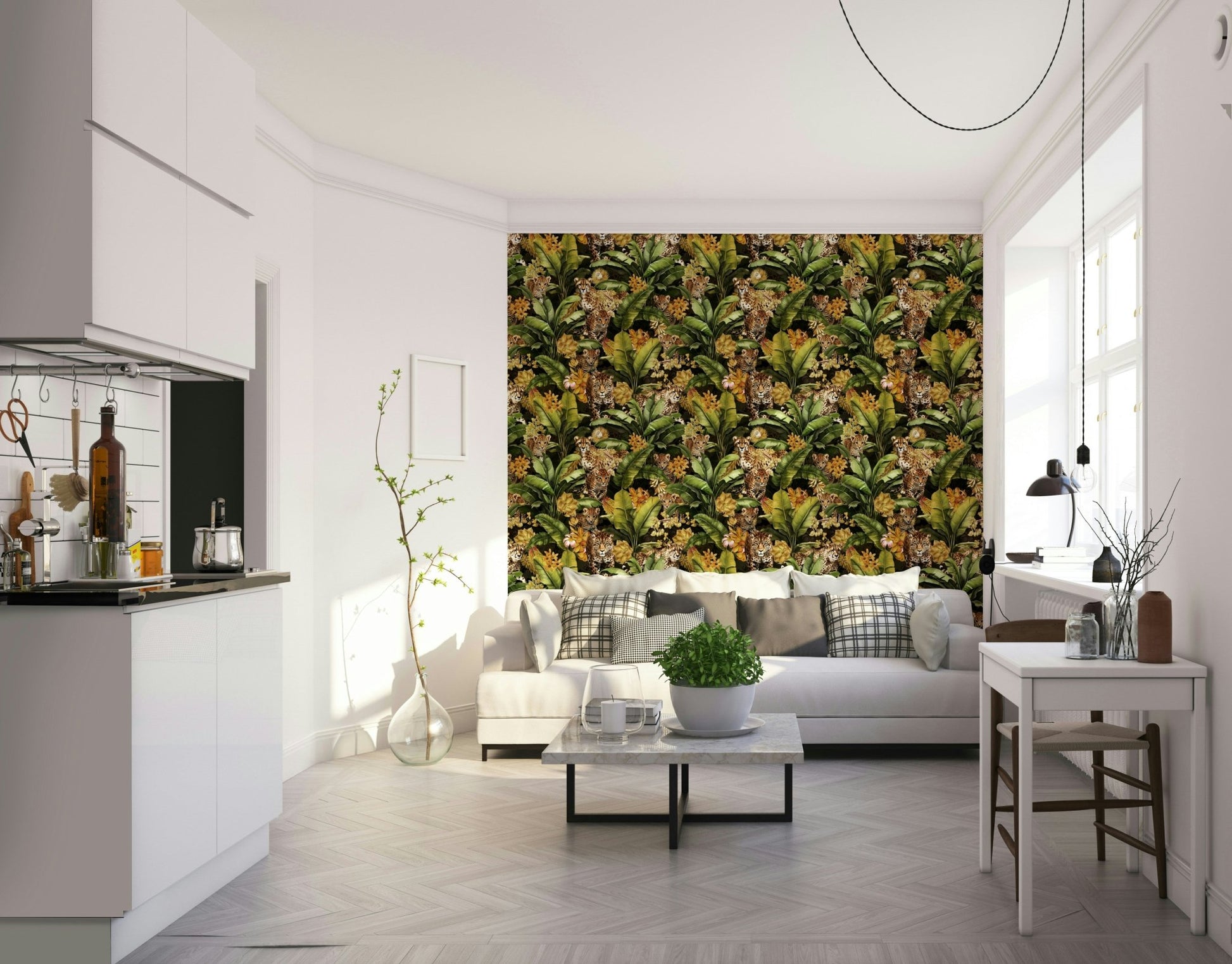 Vibrant jungle wallpaper featuring gold accents

