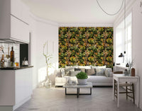 Vibrant jungle wallpaper featuring gold accents

