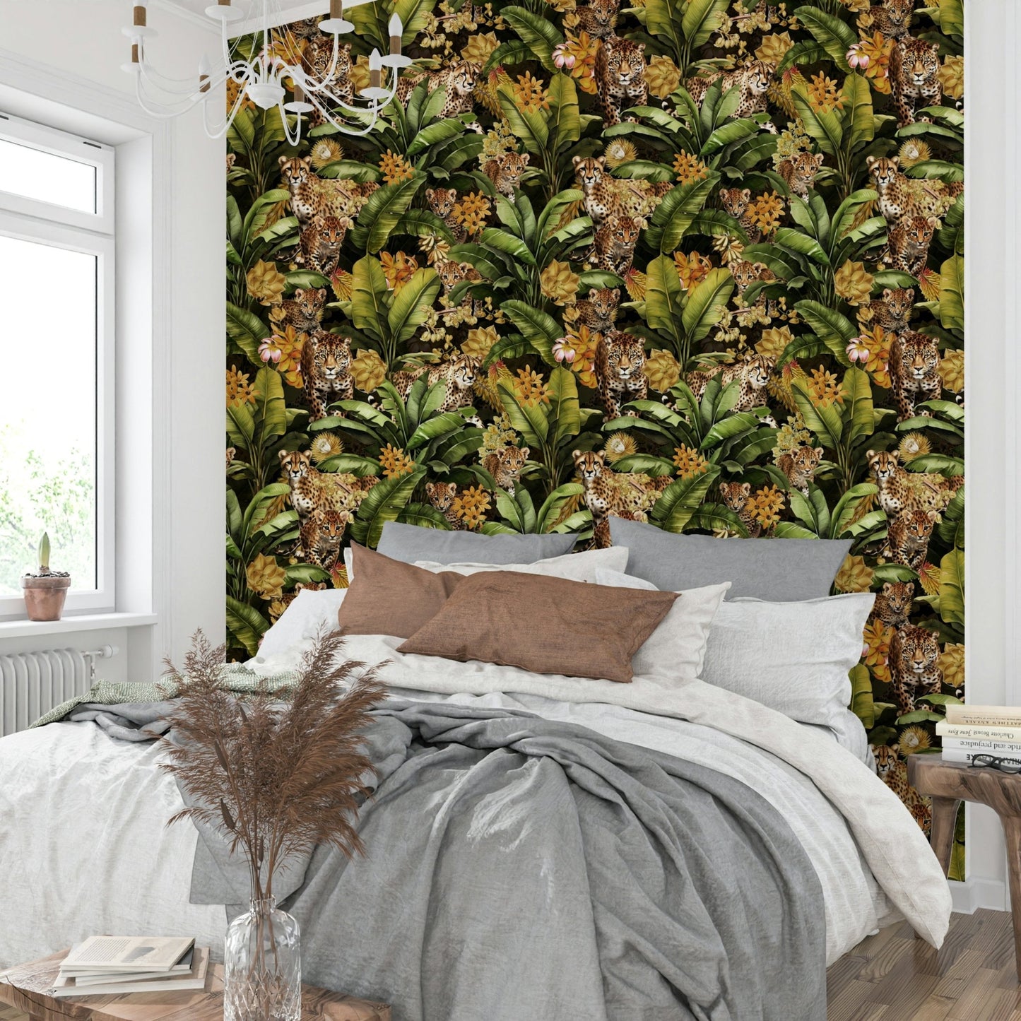 Lush golden jungle wallpaper ideal for interior decor

