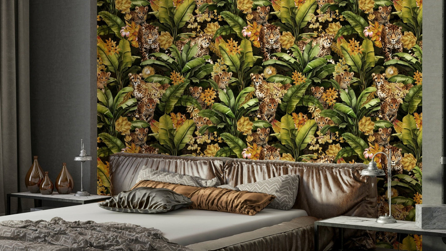 Golden jungle mural with vibrant plant patterns

