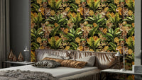 Golden jungle mural with vibrant plant patterns

