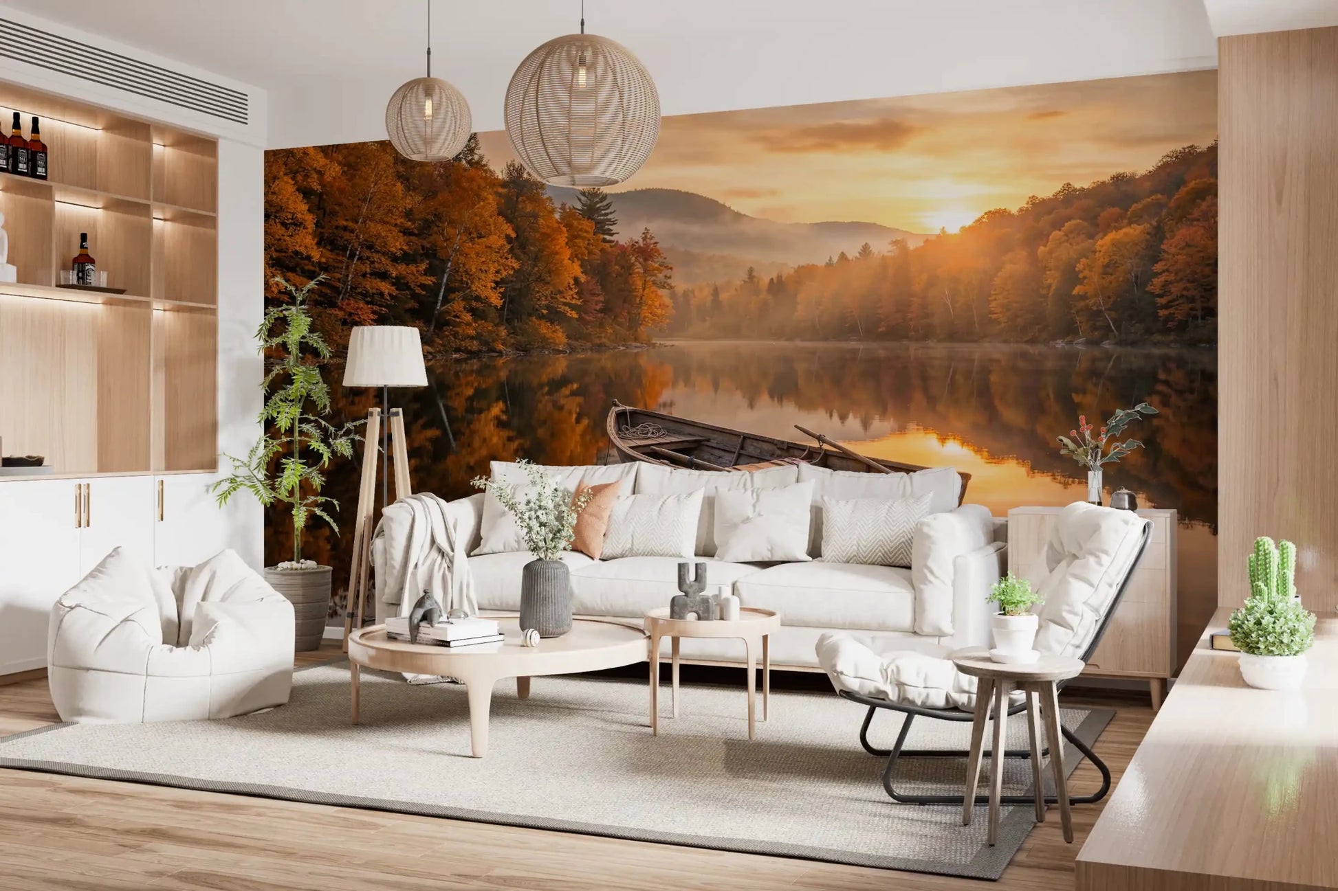 Bright sitting area featuring Golden Lake Escape Wall Mural and a glowing water view