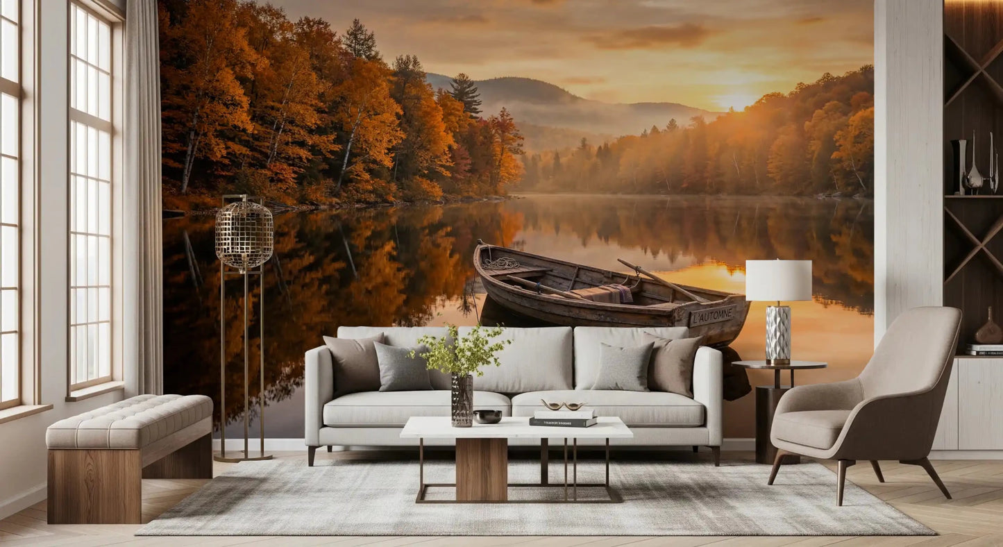 Living room backdrop with Golden Lake Escape Wall Mural and amber sunset water