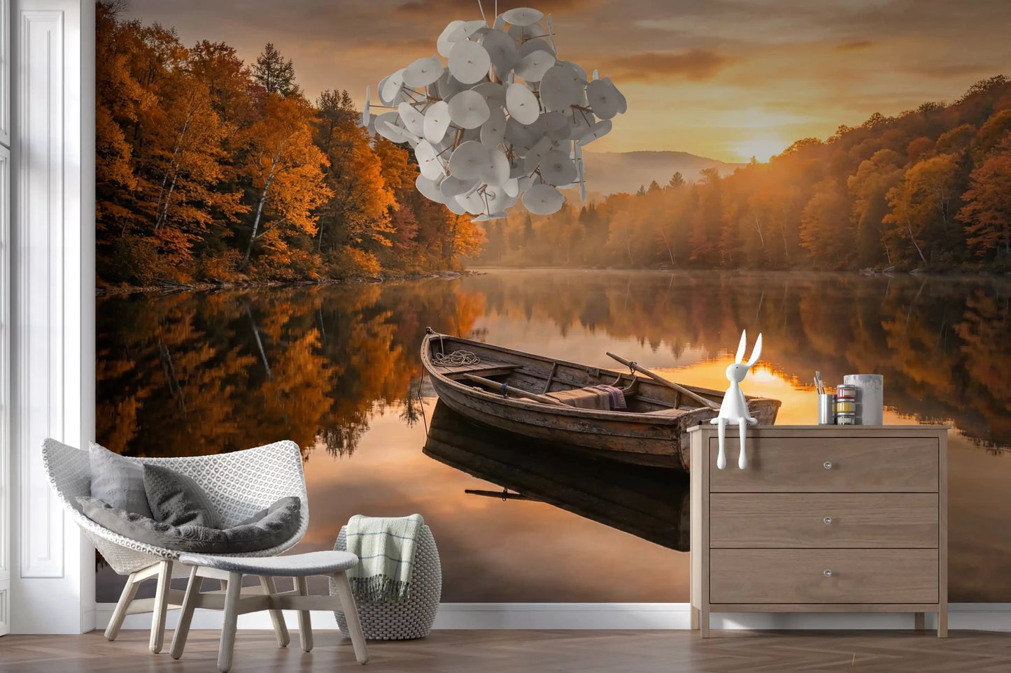 Living room framed by Golden Lake Escape Wall Mural with a quiet boat at sunset