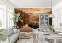 Open dining area with Golden Lake Escape Wall Mural in a peaceful lake setting