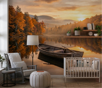 Golden Lake Escape Wall Mural Nursery with warm sunrise reflections and hills