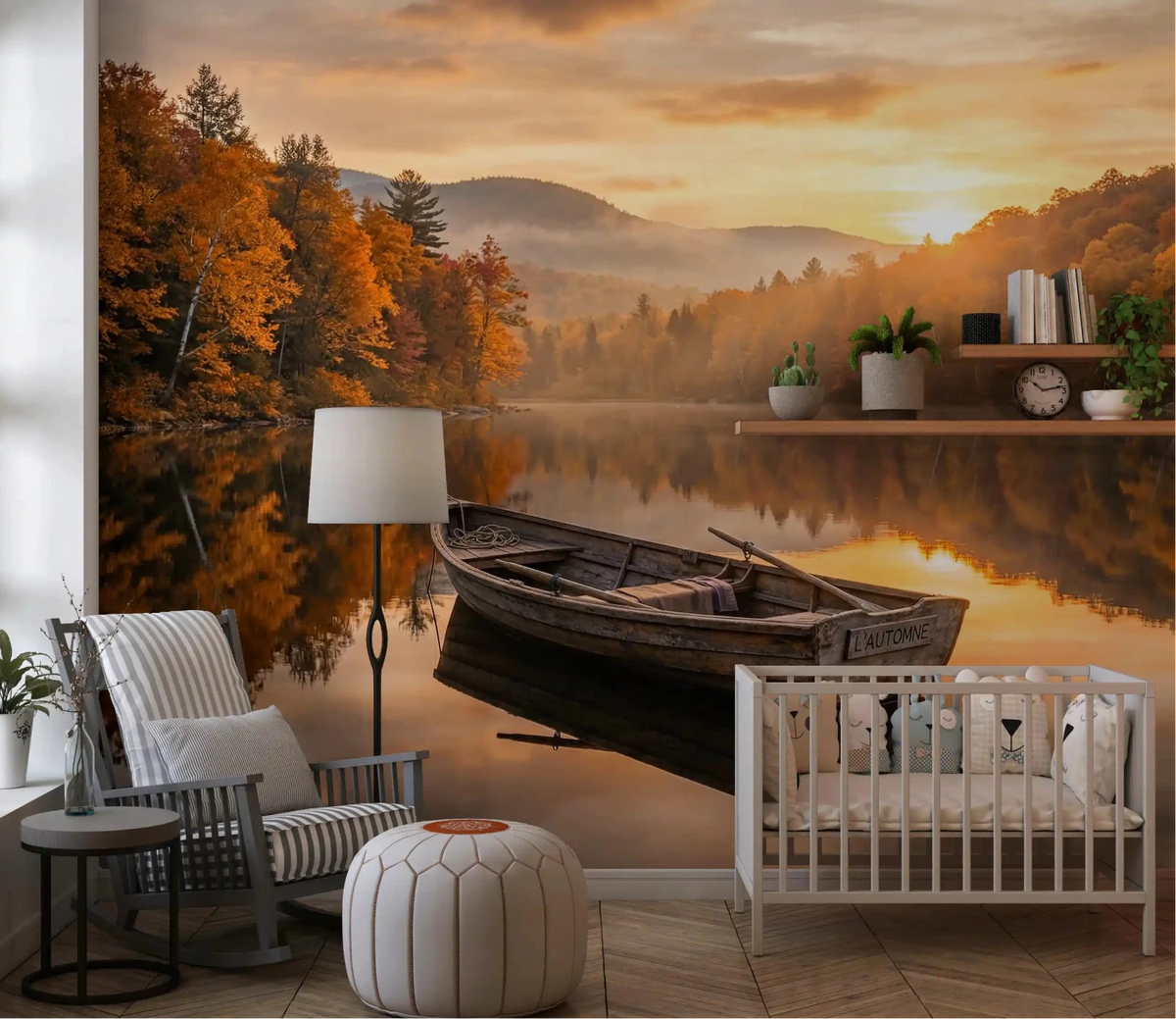Golden Lake Escape Wall Mural Nursery with warm sunrise reflections and hills, GD8931