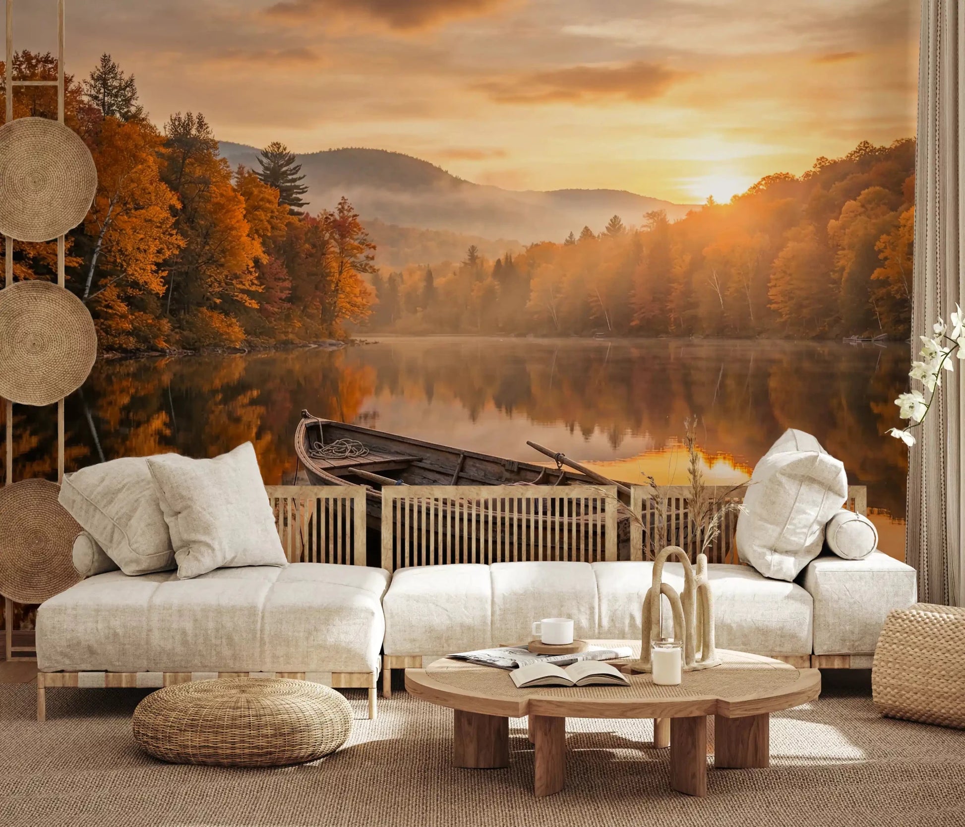 Soft lounge corner styled with Golden Lake Escape Wall Mural and warm lake reflections