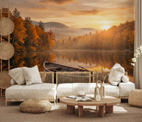 Soft lounge corner styled with Golden Lake Escape Wall Mural and warm lake reflections