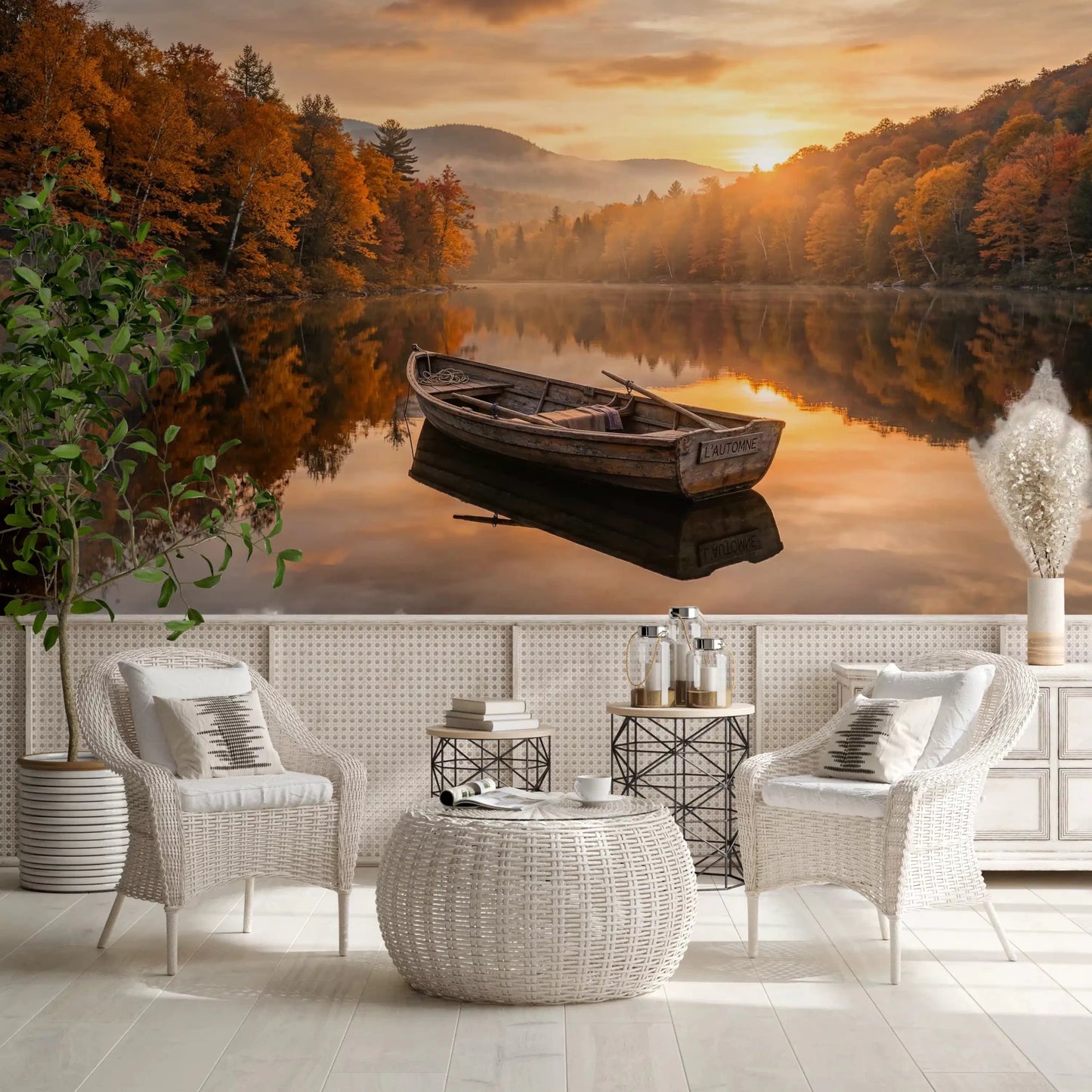 Cream lounge setting paired with Golden Lake Escape Wall Mural and autumn shoreline