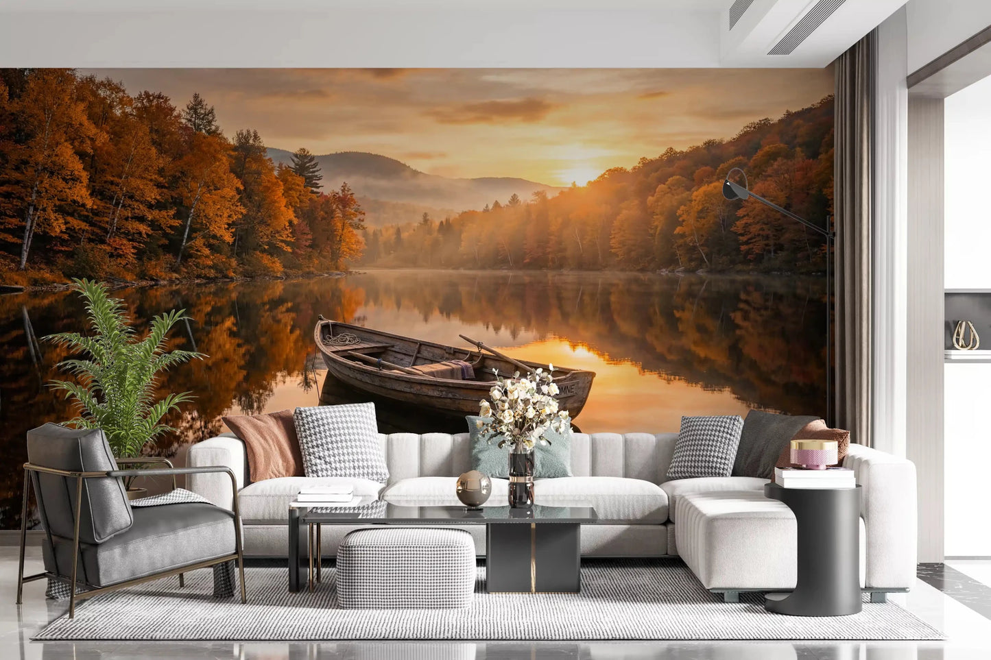 Golden Lake Escape Wall Mural above a sofa in a bright modern living room