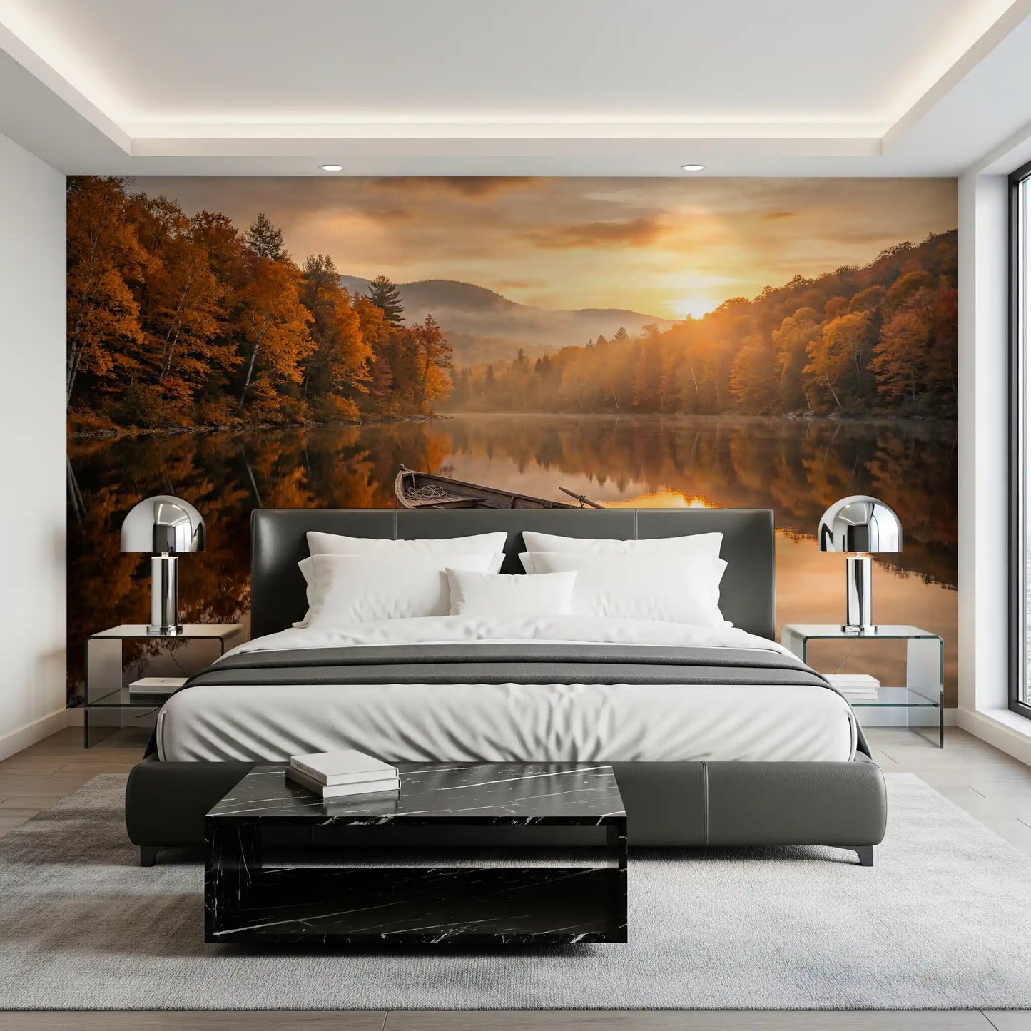 Golden Lake Escape Wall Mural behind a bed in a calm bedroom with golden hills