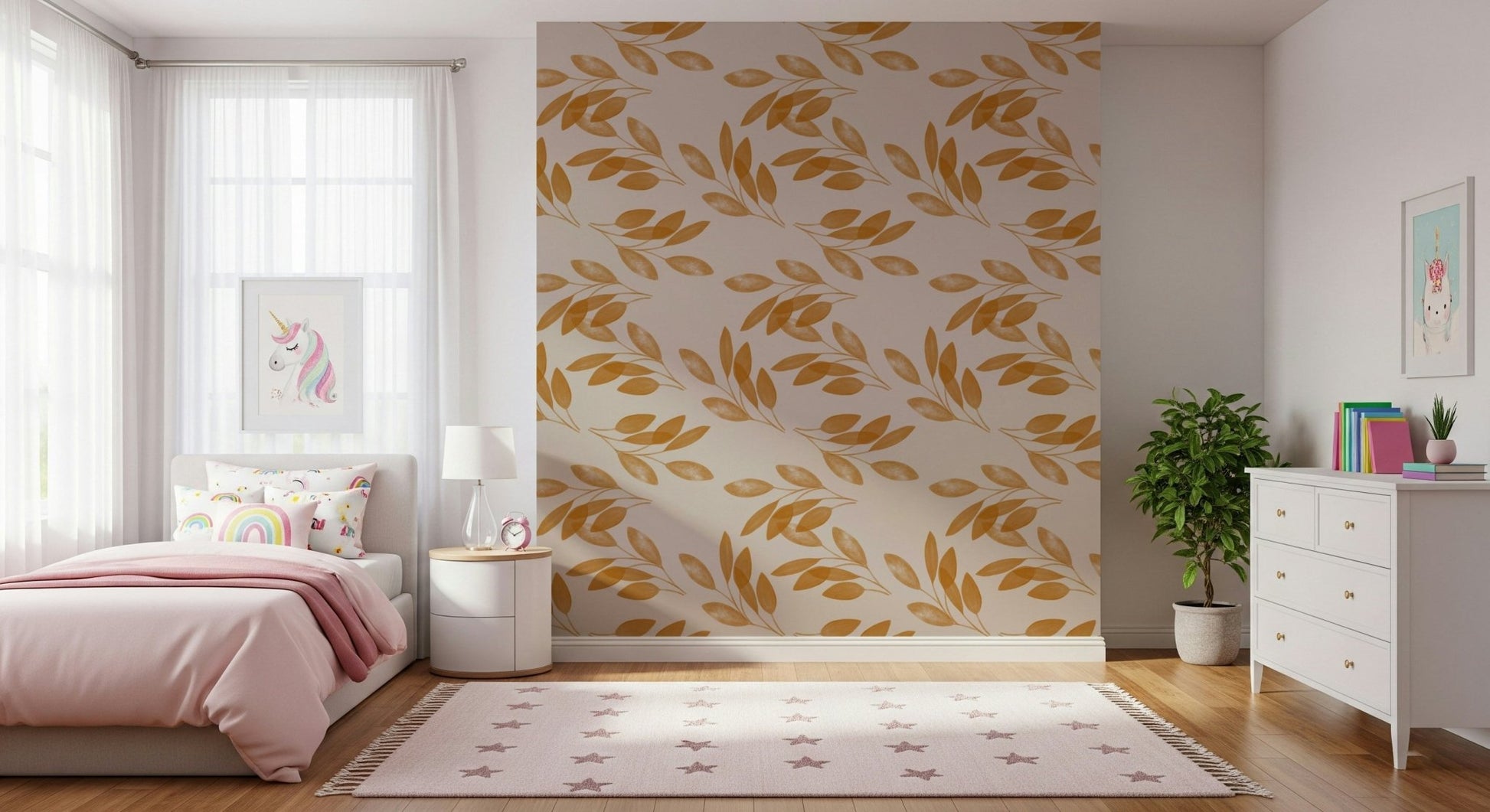 Unique refined Golden Leaf Whisper Wallpaper botanical print.