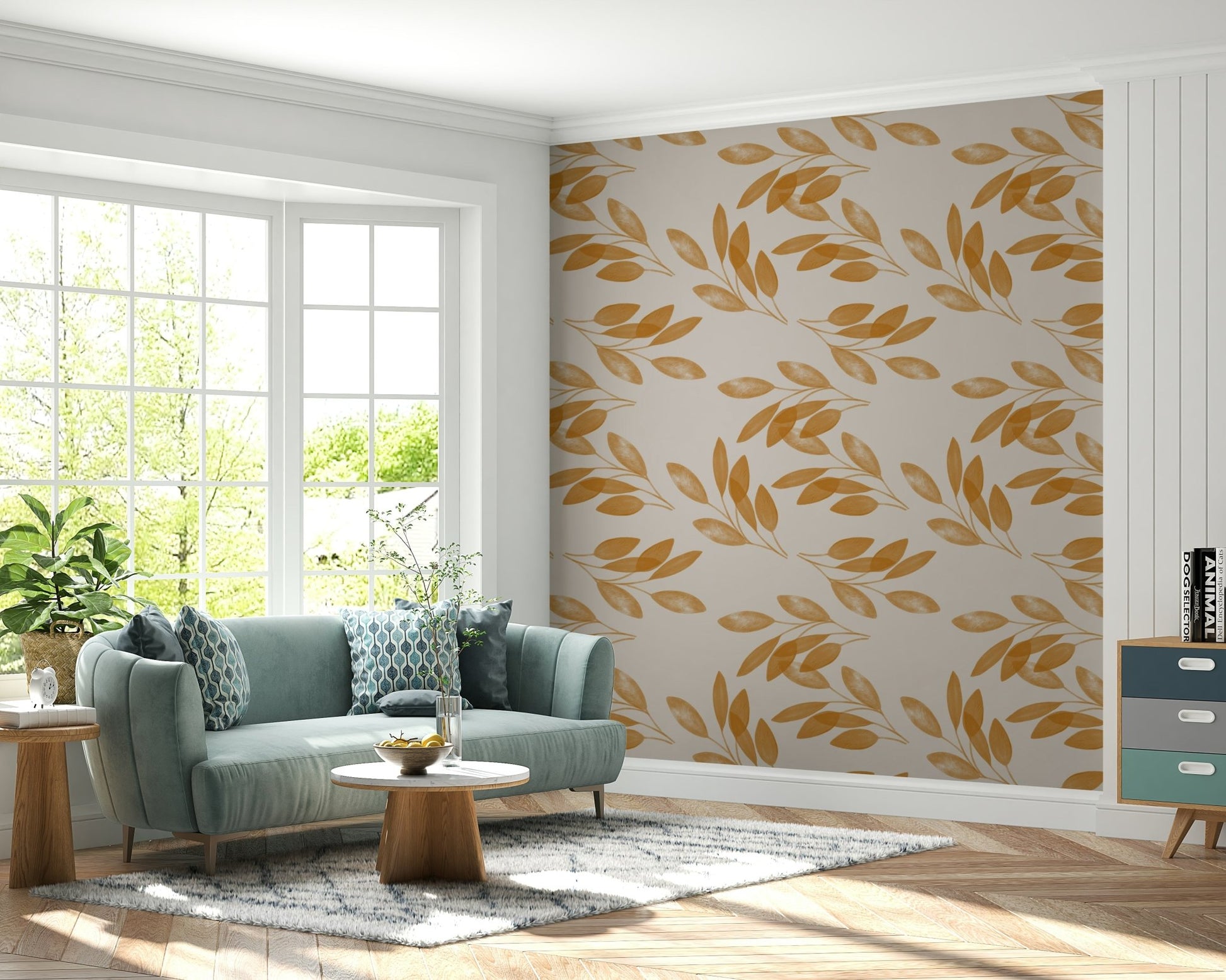 Peaceful interior Golden Leaf Whisper Wallpaper design element.