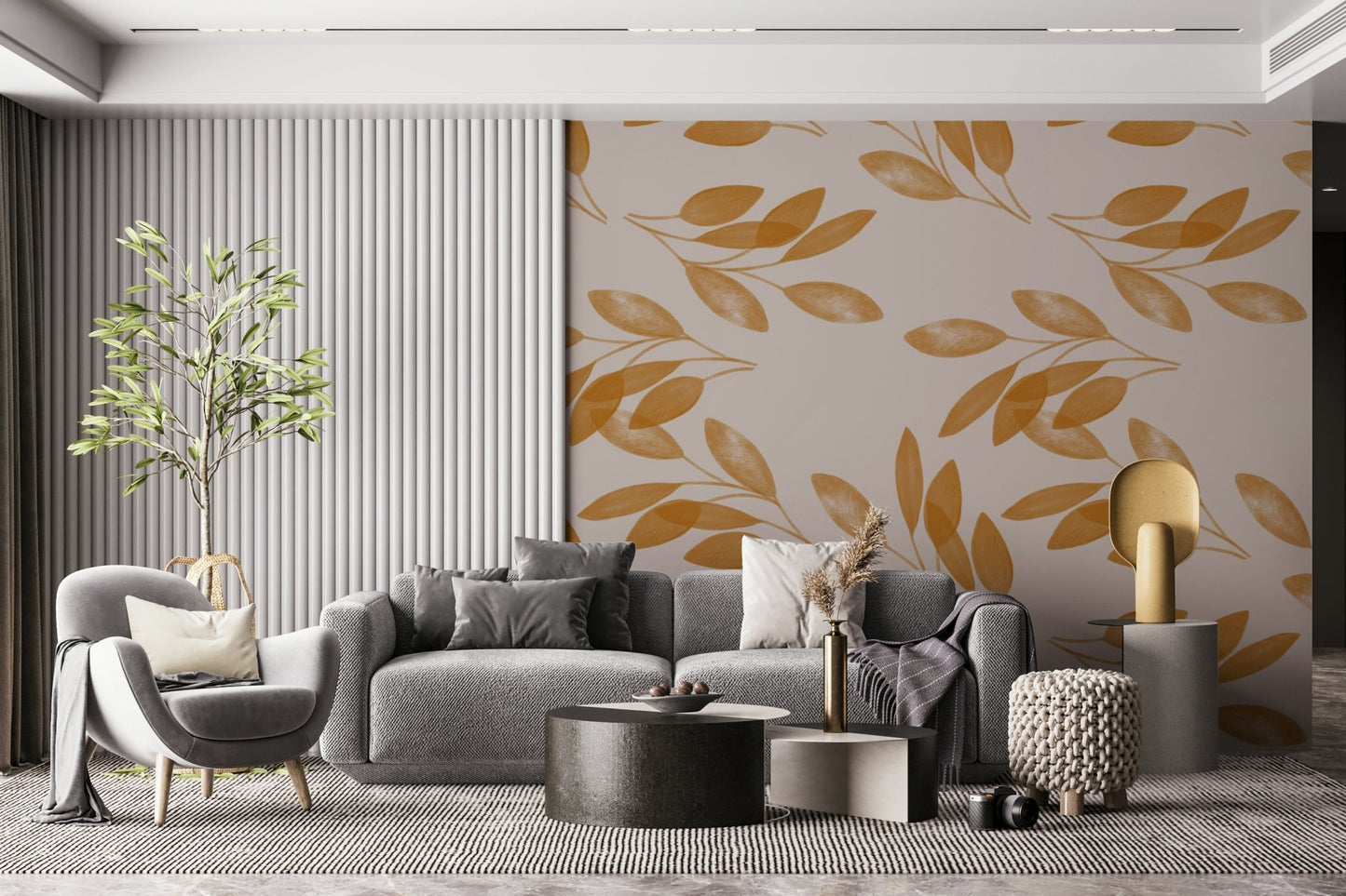 Airy repeating Golden Leaf Whisper Wallpaper leaf motif.