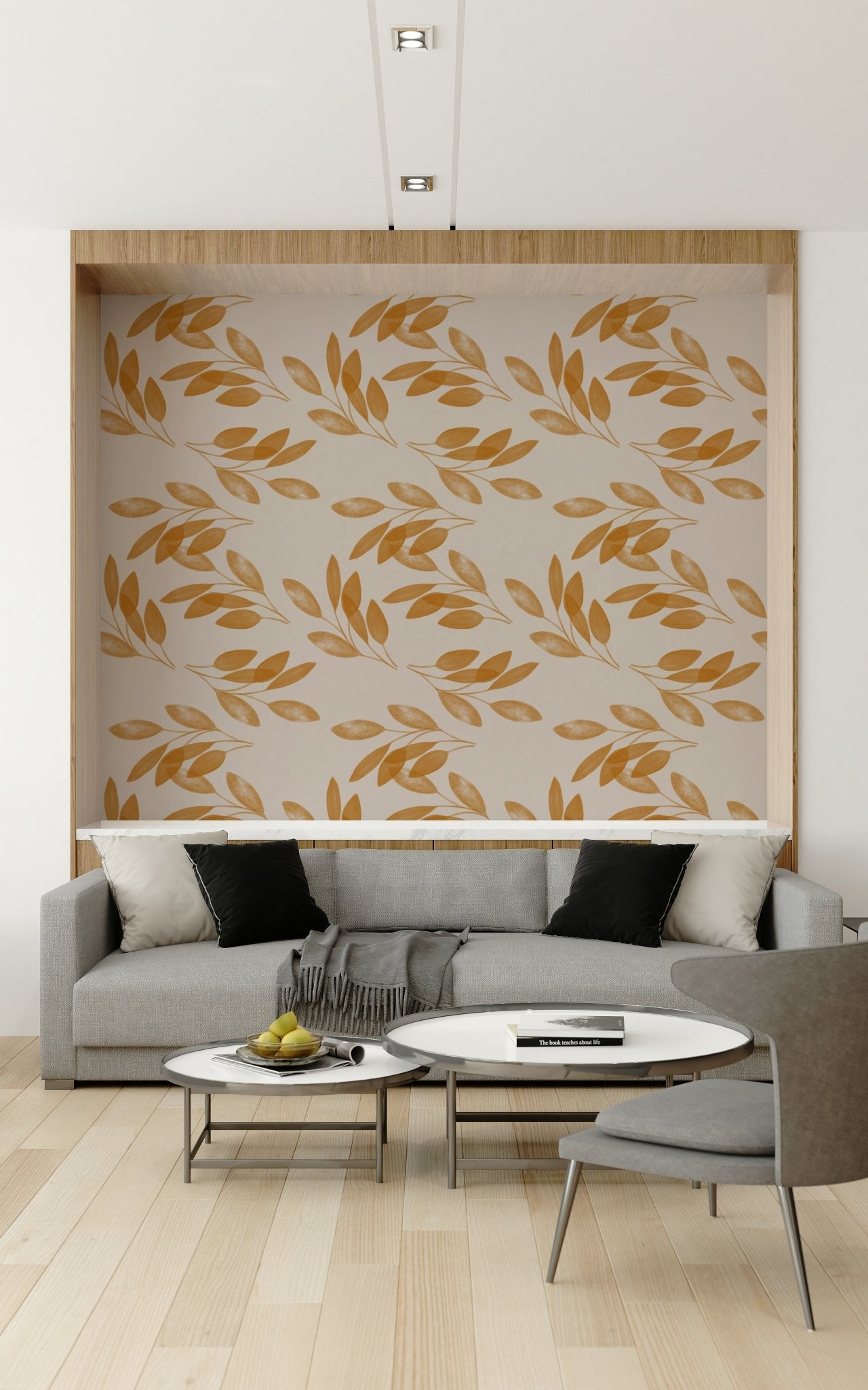 Muted gold Golden Leaf Whisper Wallpaper botanical pattern., GD6545