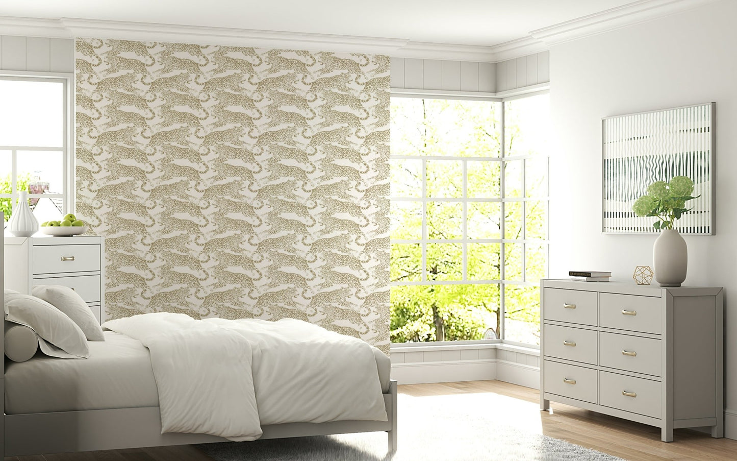 A beautiful golden leopard print wallpaper mural with subtle dashing lines.