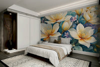 A wall mural with a repeating floral pattern.
