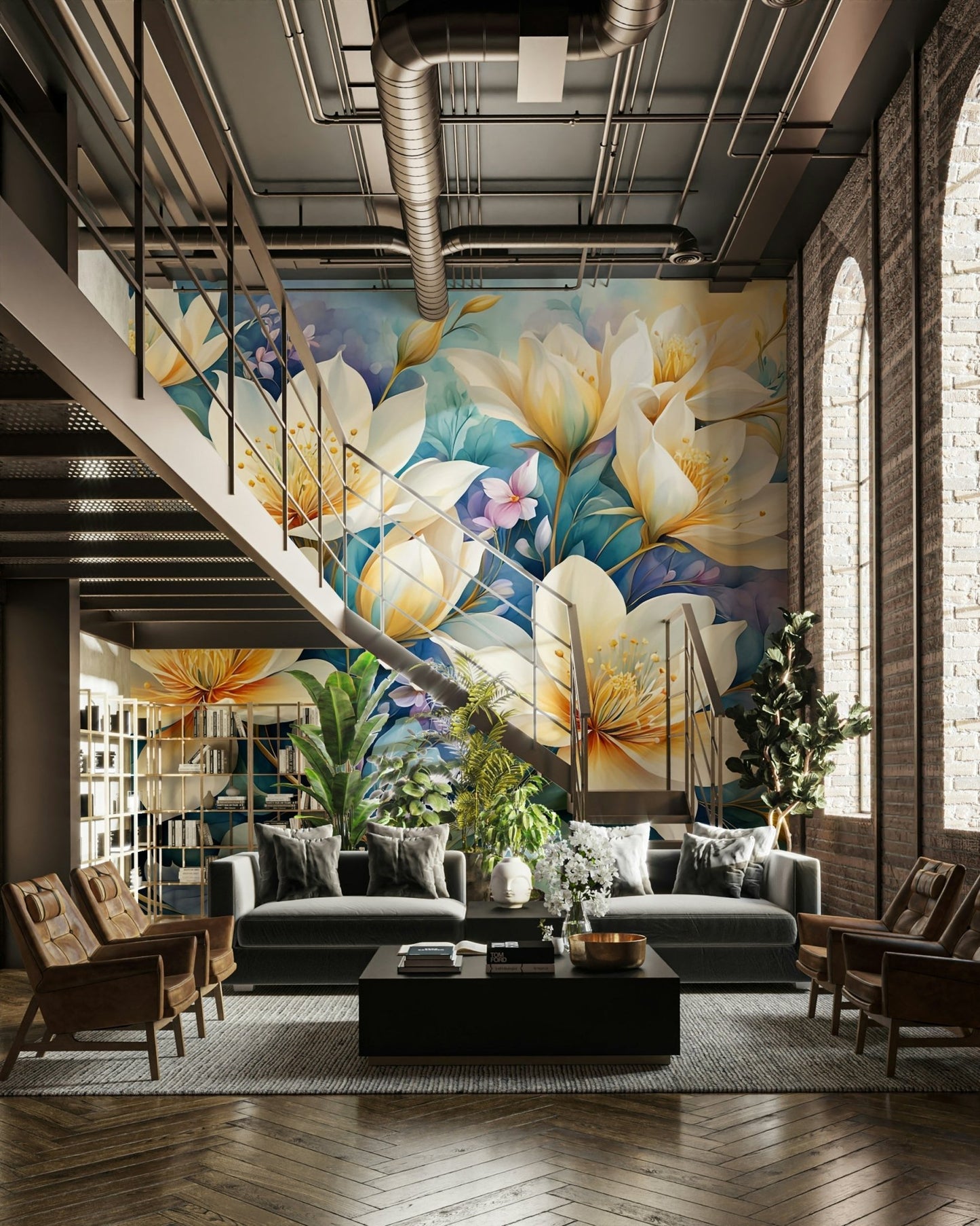 The design features delicate blossoms and leaves on graceful branches.
