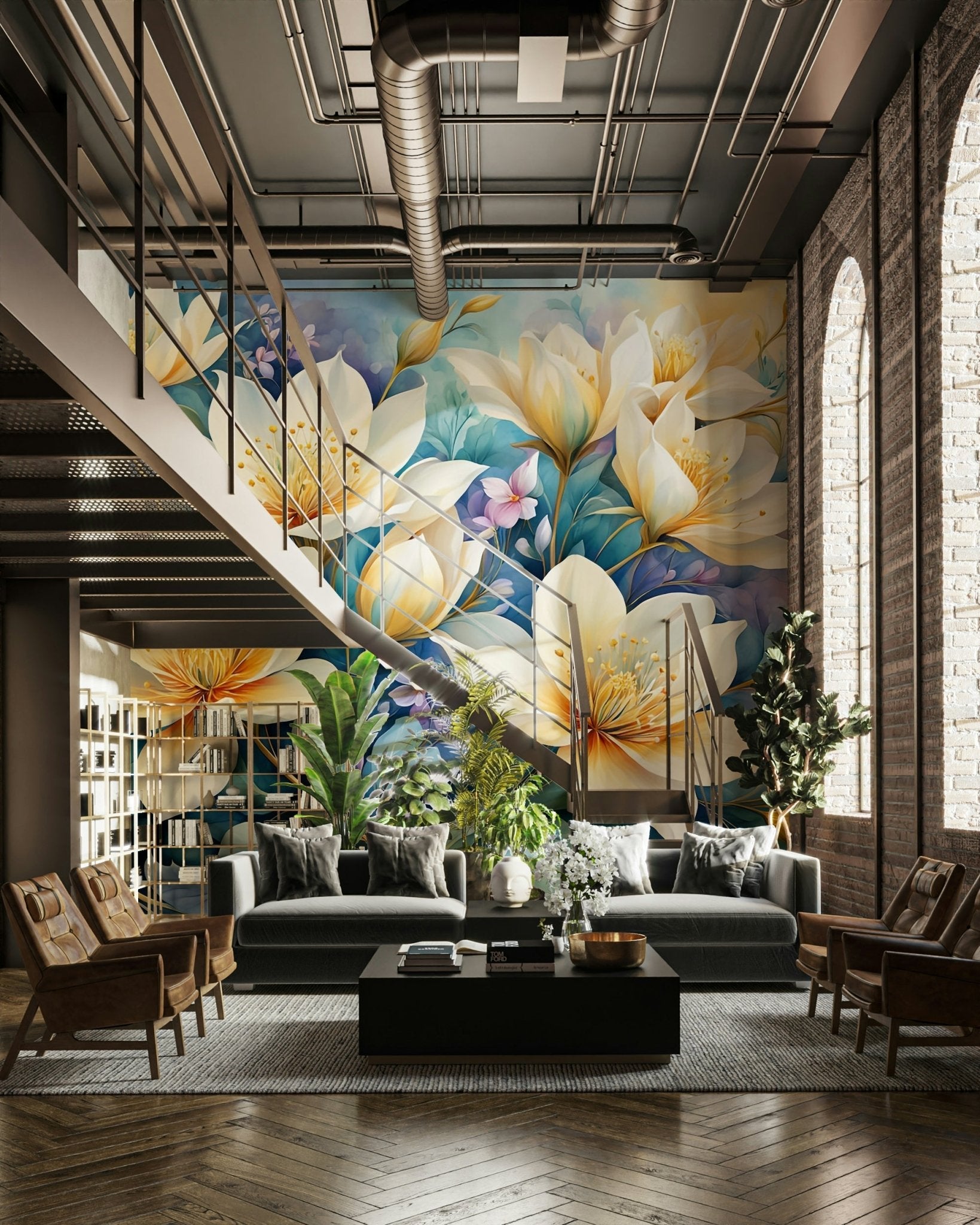 The design features delicate blossoms and leaves on graceful branches.
