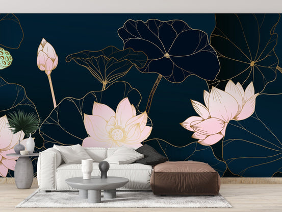 Golden lotus wallpaper mural for elegant interiors A637