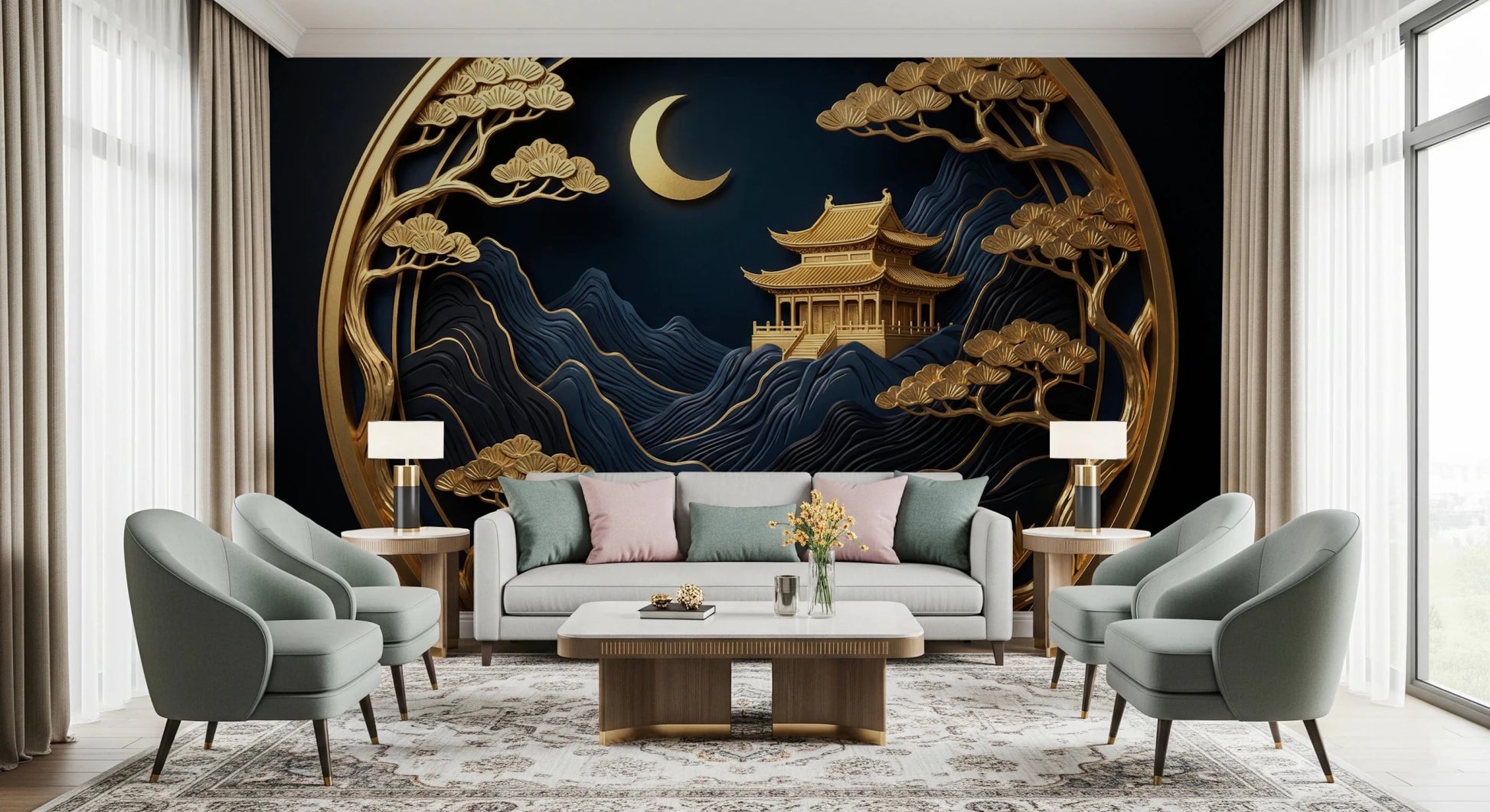 Traditional Asian temple wallpaper for home styling.