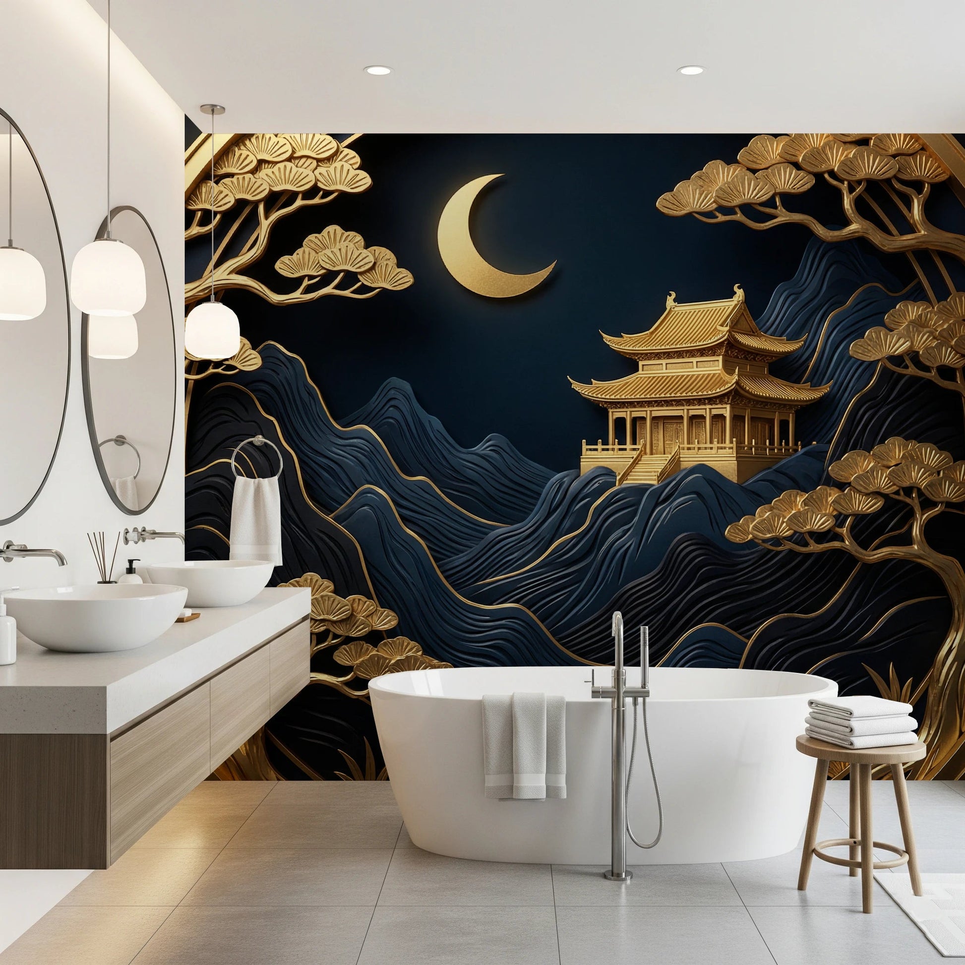 Golden Lunar Temple Wall Mural for study interiors.