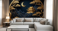 Dark blue and gold mountain wall mural for offices.
