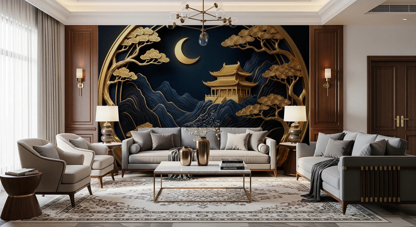 Luxury 3D relief wallpaper with a crescent moon.