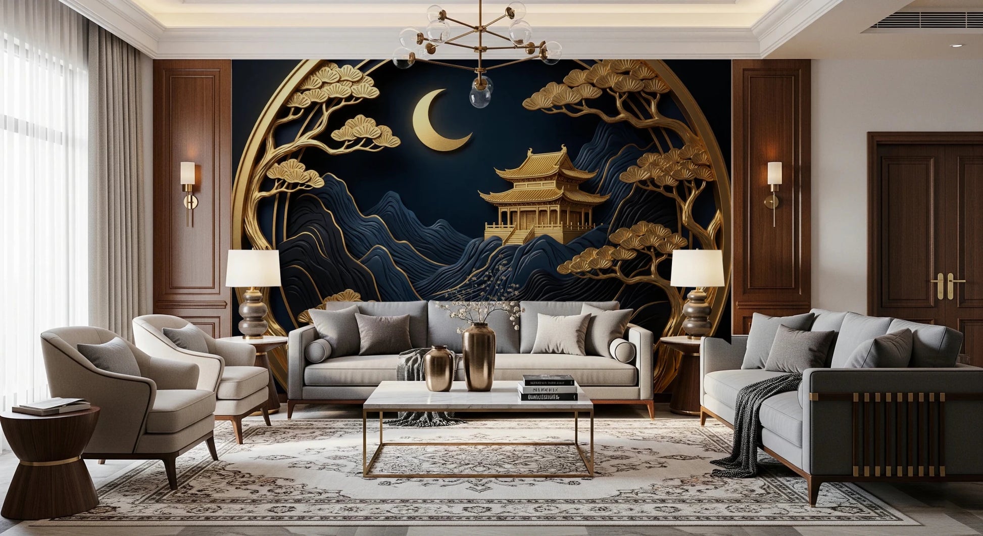 Luxury 3D relief wallpaper with a crescent moon.