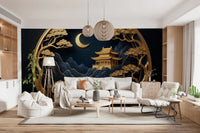 Navy and gold pagoda wallpaper for dining rooms.