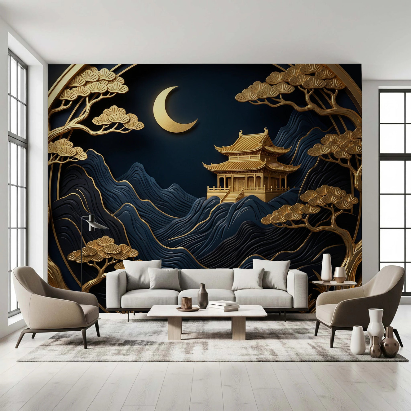 Golden Lunar Temple Wall Mural for living room.