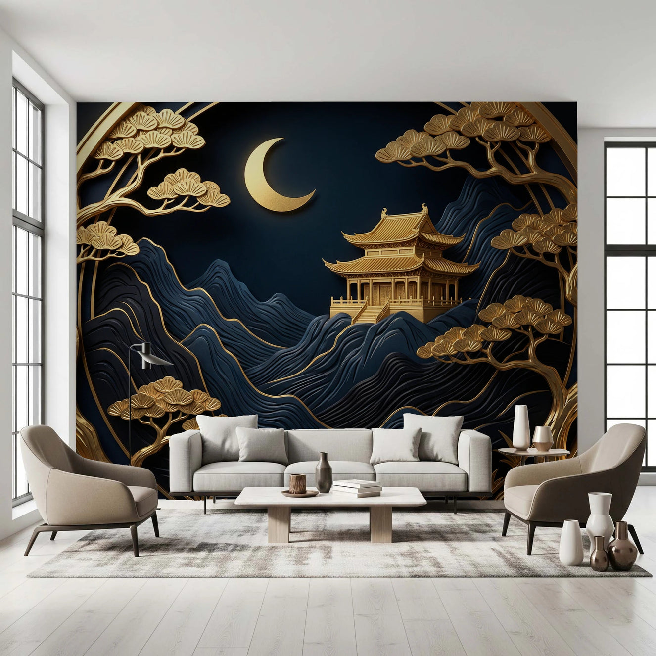 Golden Lunar Temple Wall Mural for living room.