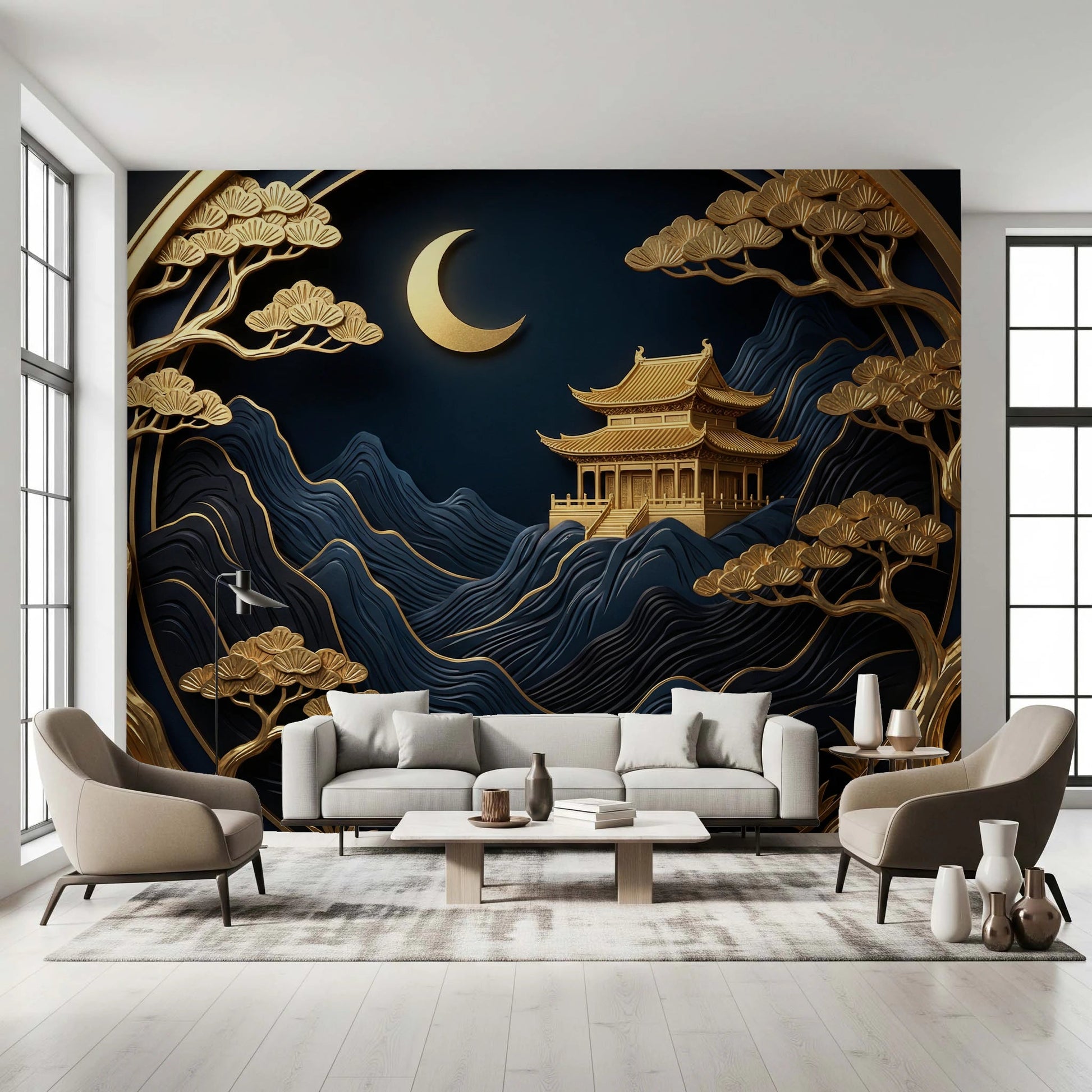 Golden Lunar Temple Wall Mural for living room.