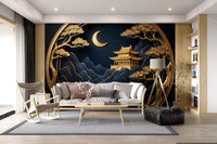 Elegant gold pine tree wall mural for lounge decor.