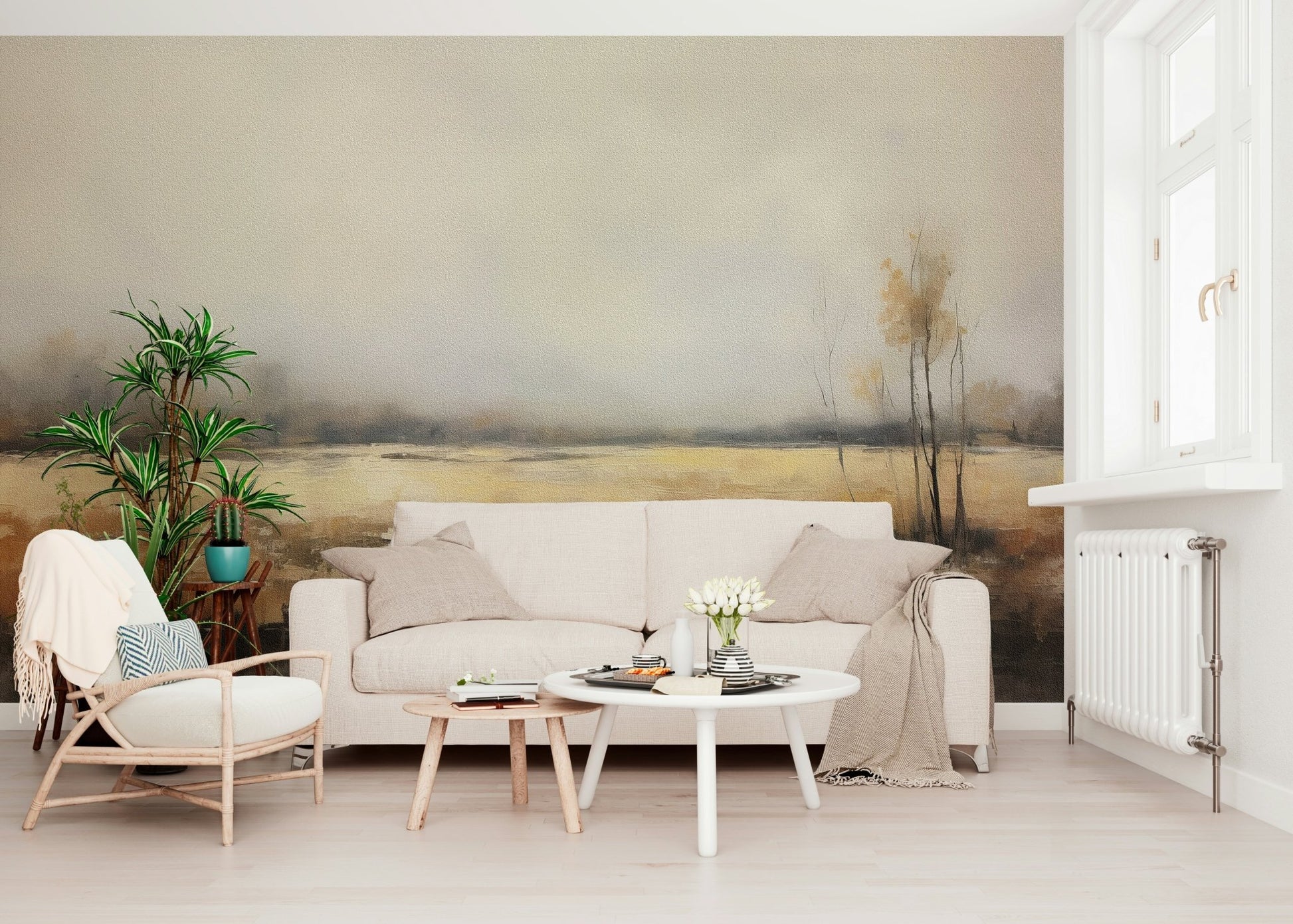 A beautiful wide-angle wall mural of a serene landscape.